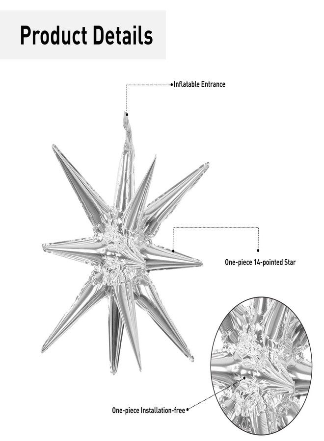 LAIAMER 6 Pcs Silver Star Foil Balloons One-Piece 14-Pointed Star Balloon 4D Starburst Cone Mylar Balloon 22inch Christmas Birthday Wedding Wedding Anniversary Party Supplies(Silver) - Image 3
